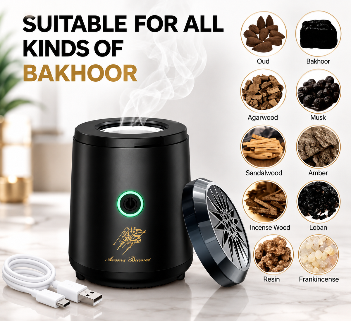 Luxury Portable Electric Bakhoor & Oud Incense Burner,  USB Rechargeable